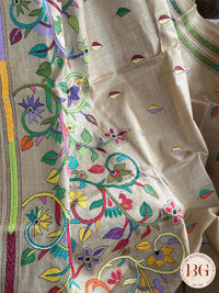 Kantha Stitch Saree on tussar silk - beige multicolor