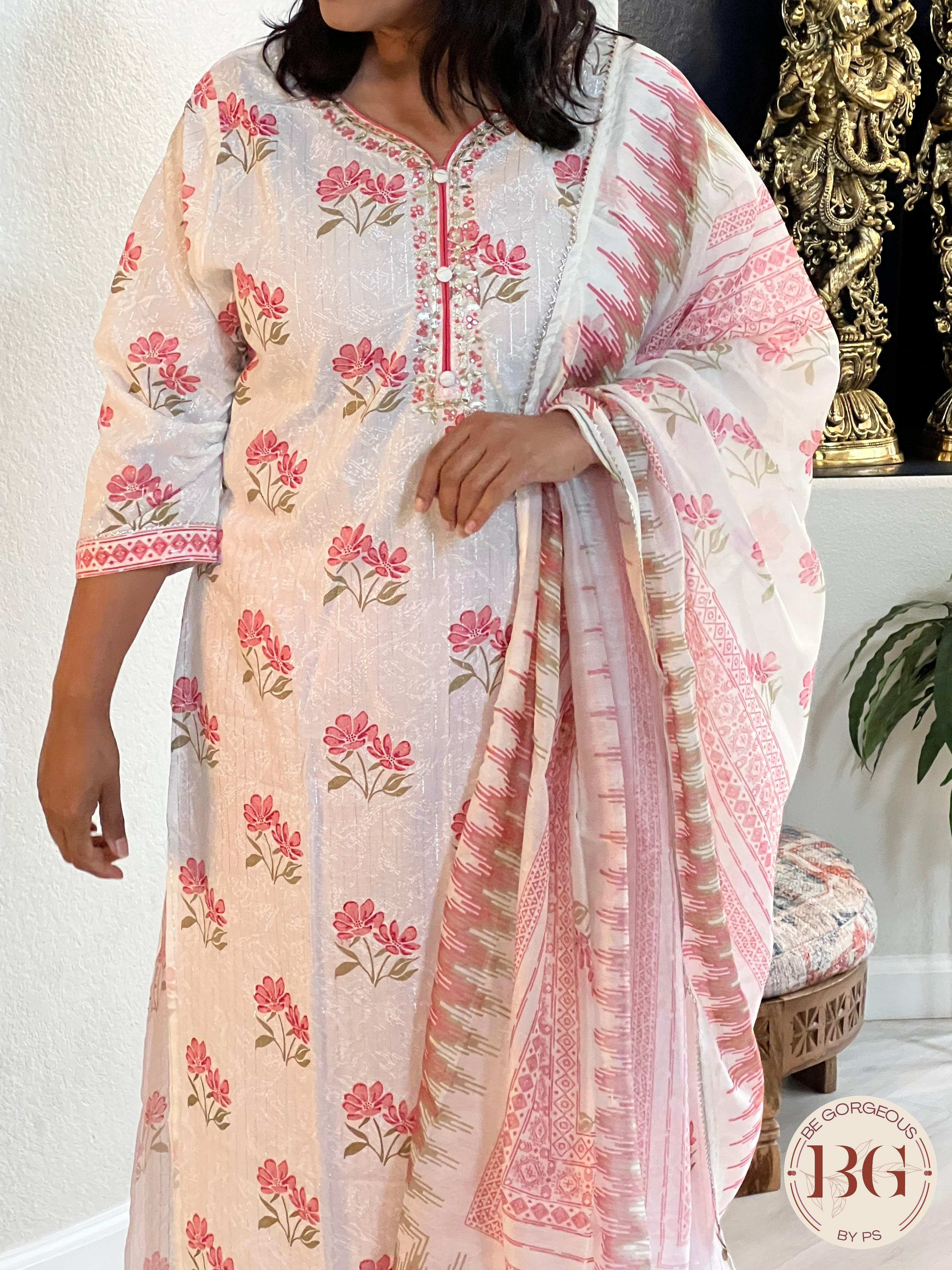 3-piece dupatta set in beautiful red and cream color combination with floral prints and full size dupatta