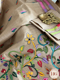 Kantha Stitch Saree on tussar silk - beige multicolor