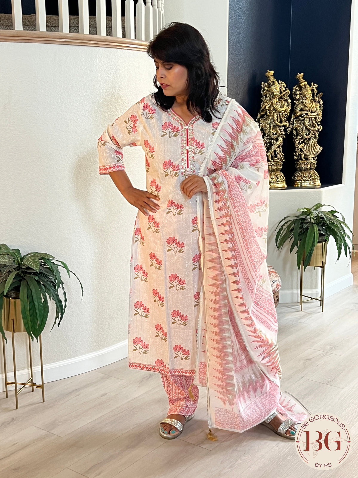 3-piece dupatta set in beautiful red and cream color combination with floral prints and full size dupatta