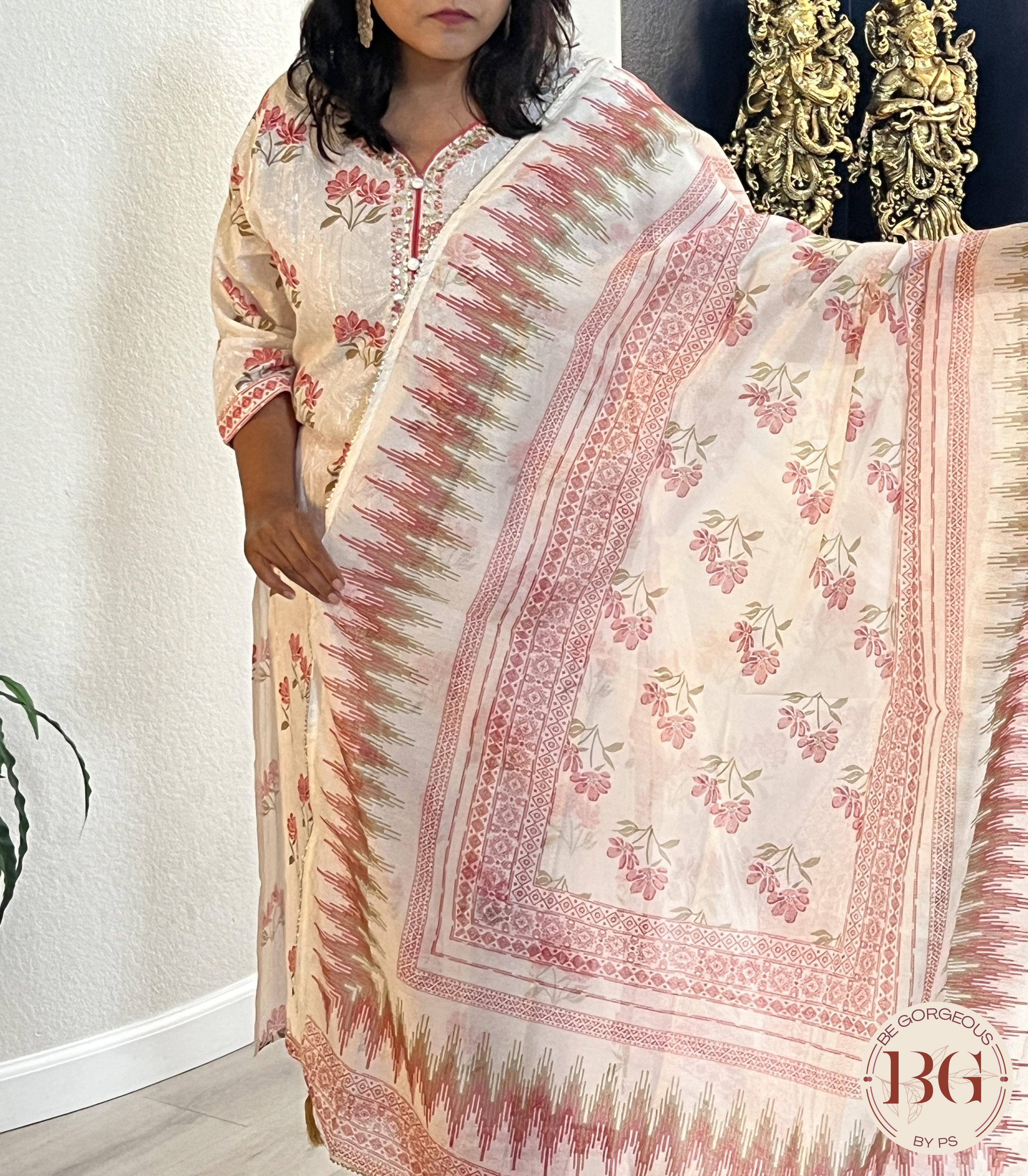 3-piece dupatta set in beautiful red and cream color combination with floral prints and full size dupatta