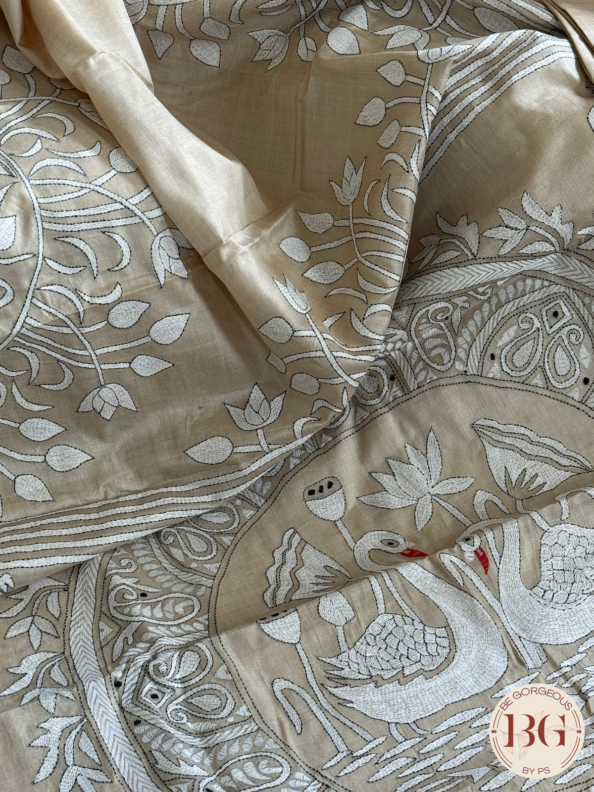 Kantha Stitch Saree on tussar silk - beige black white