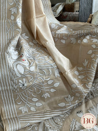 Kantha Stitch Saree on tussar silk - beige black white