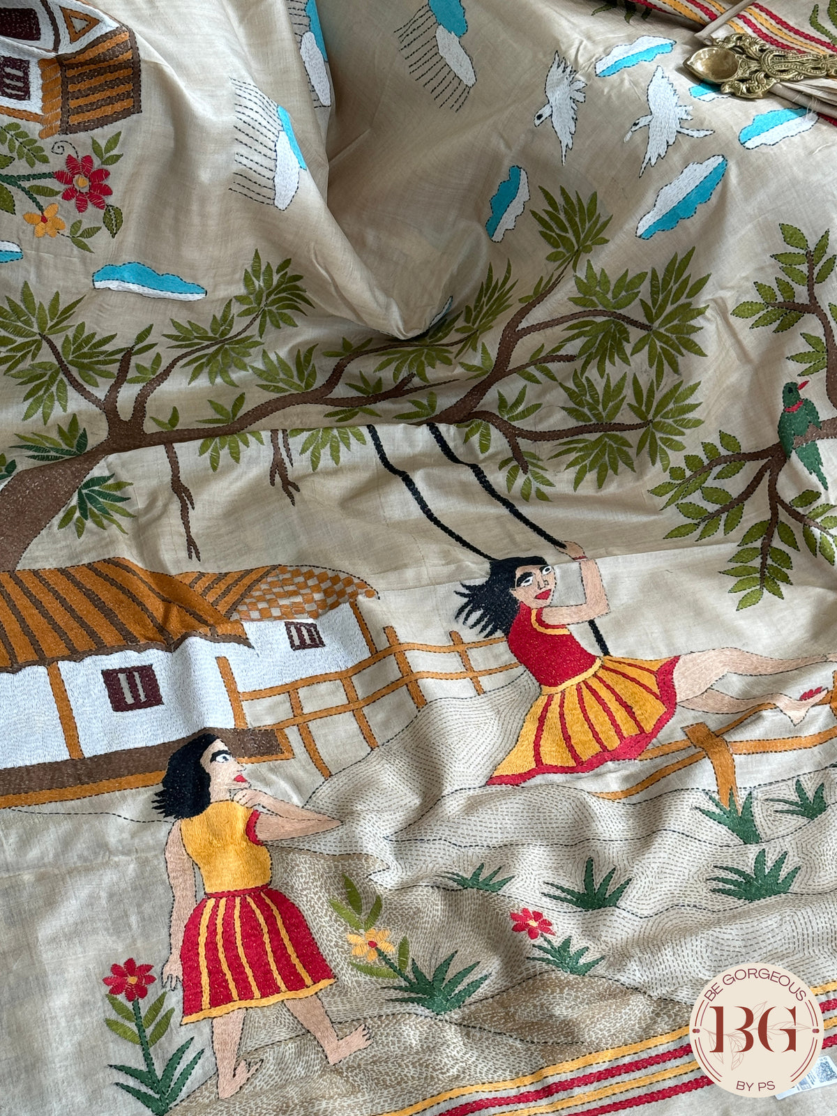 Kantha Stitch saree on tussar silk with village theme - beige