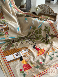 Kantha Stitch saree on tussar silk with village theme - beige