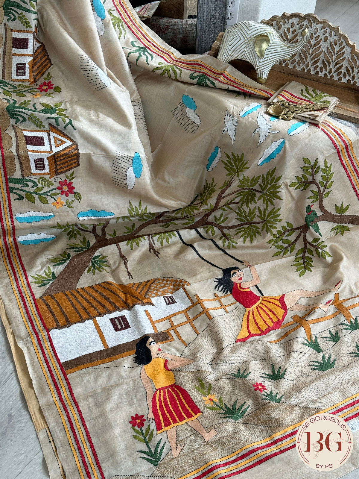 Kantha Stitch saree on tussar silk with village theme - beige