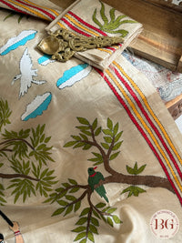 Kantha Stitch saree on tussar silk with village theme - beige