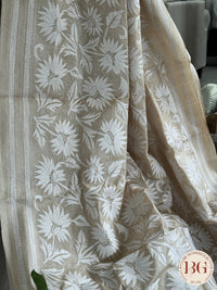Kantha Stitch Saree on tussar silk - beige white