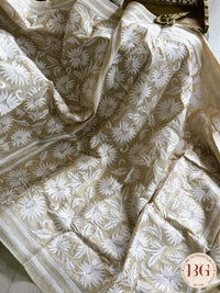 Kantha Stitch Saree on tussar silk - beige white