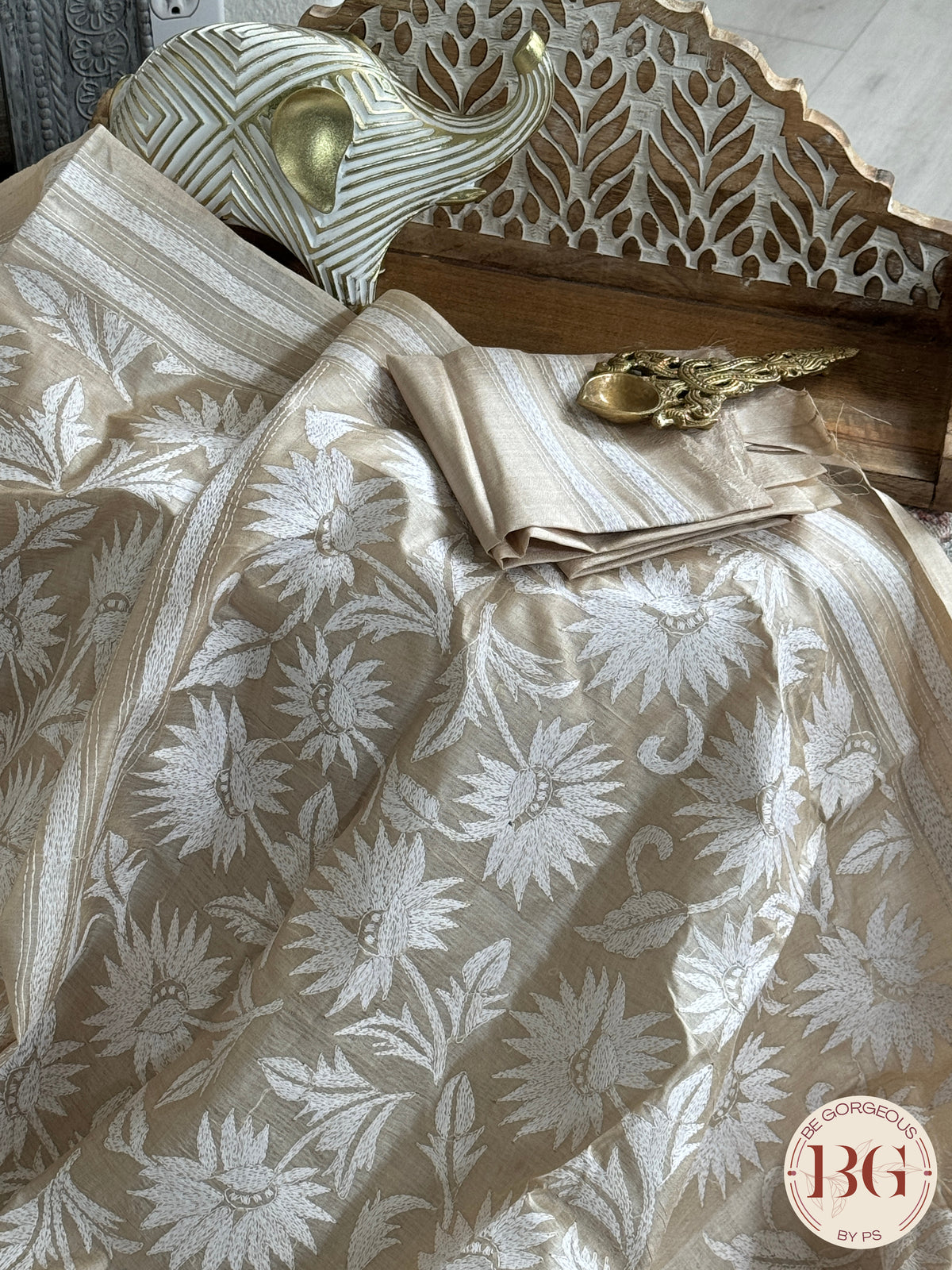 Kantha Stitch Saree on tussar silk - beige white