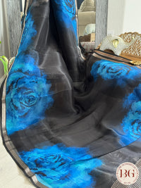 Organza Silk Saree with floral digital print - blue