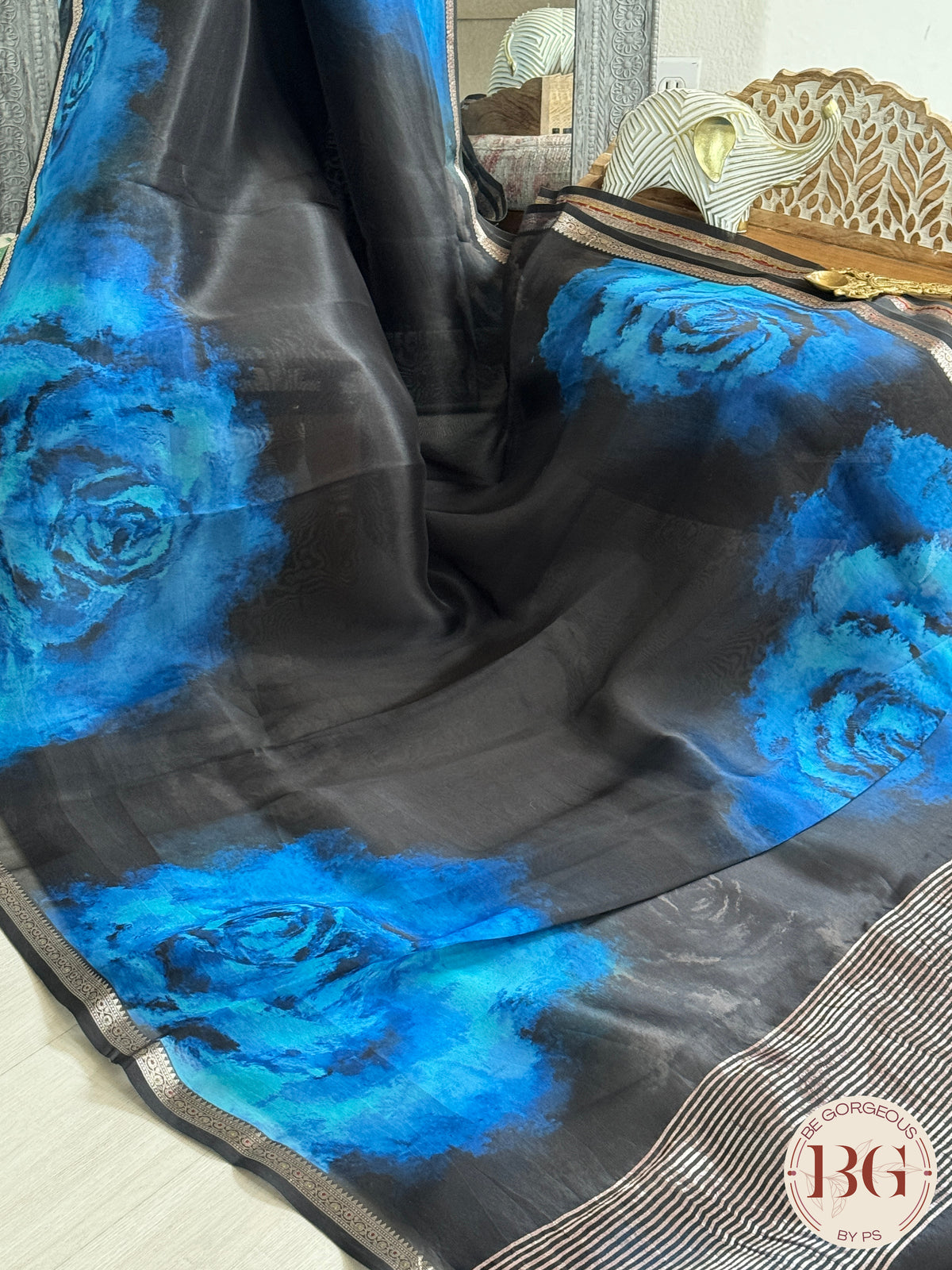 Organza Silk Saree with floral digital print - blue