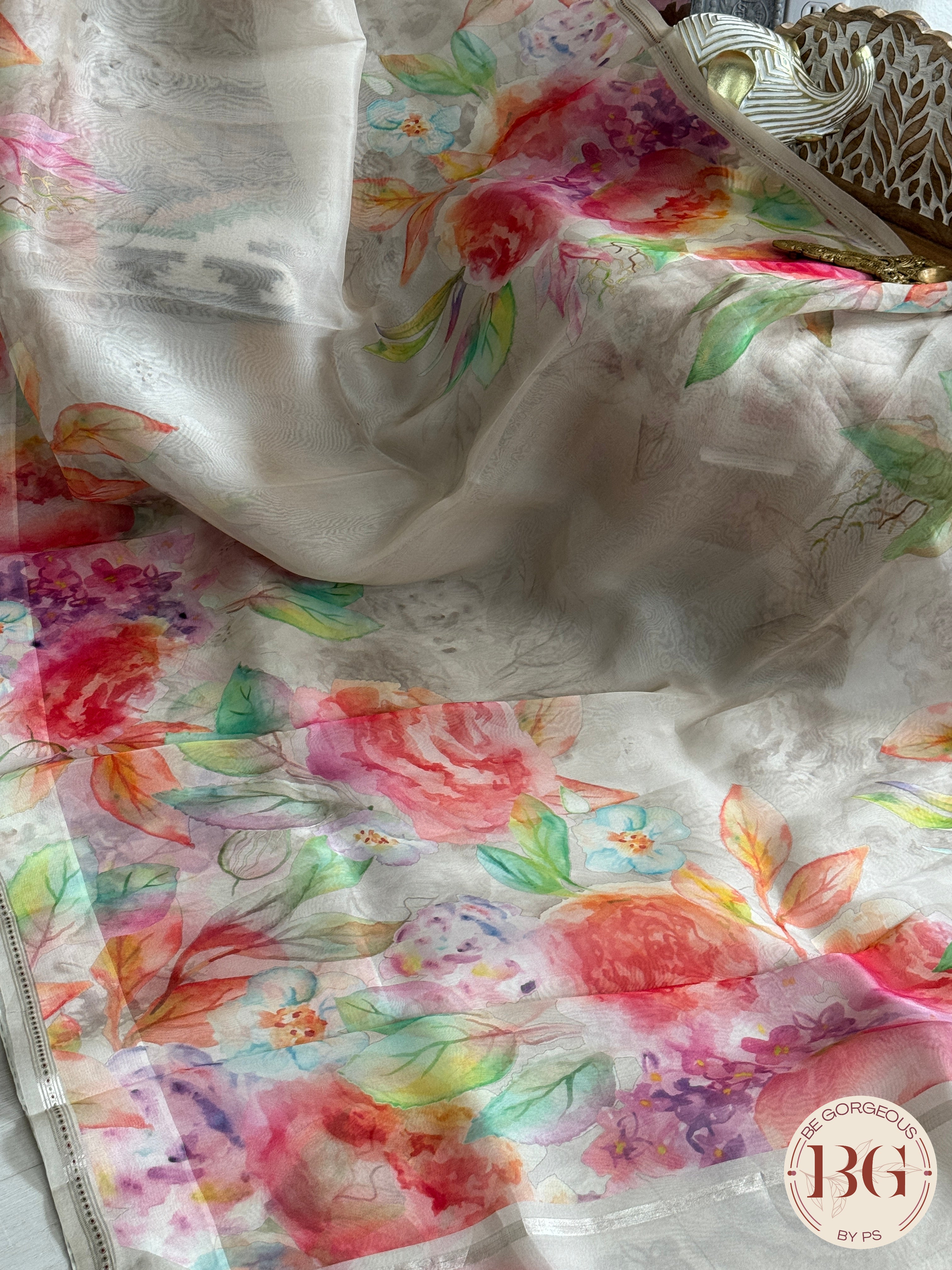 Organza Silk Saree with floral digital print - white