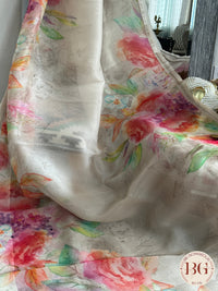 Organza Silk Saree with floral digital print - white