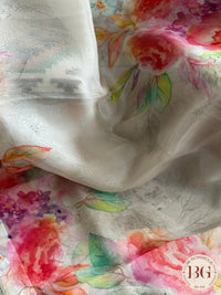Organza Silk Saree with floral digital print - white