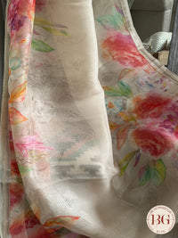 Organza Silk Saree with floral digital print - white