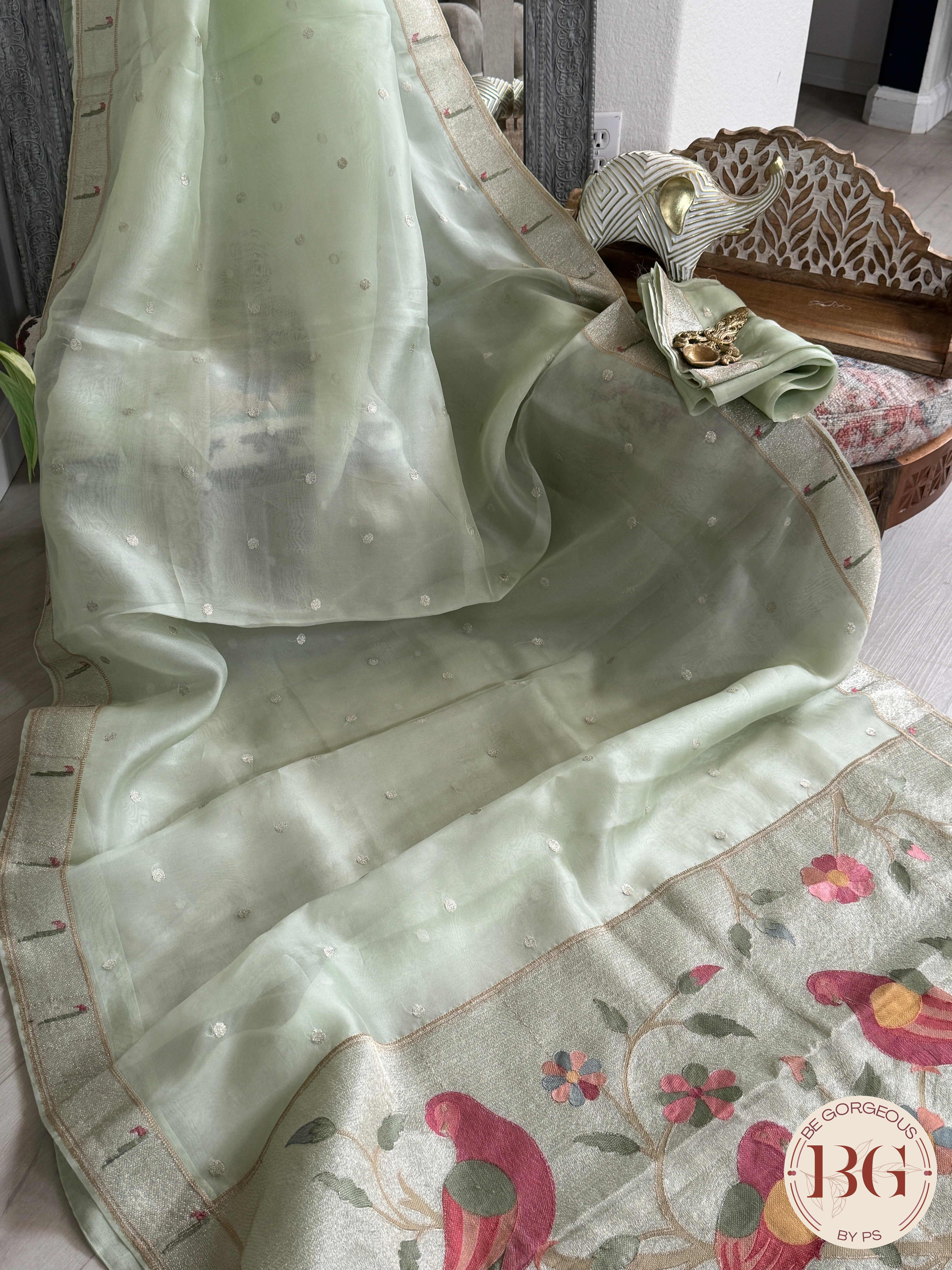 Paithani on Organza Silk with silver zari - pastel green