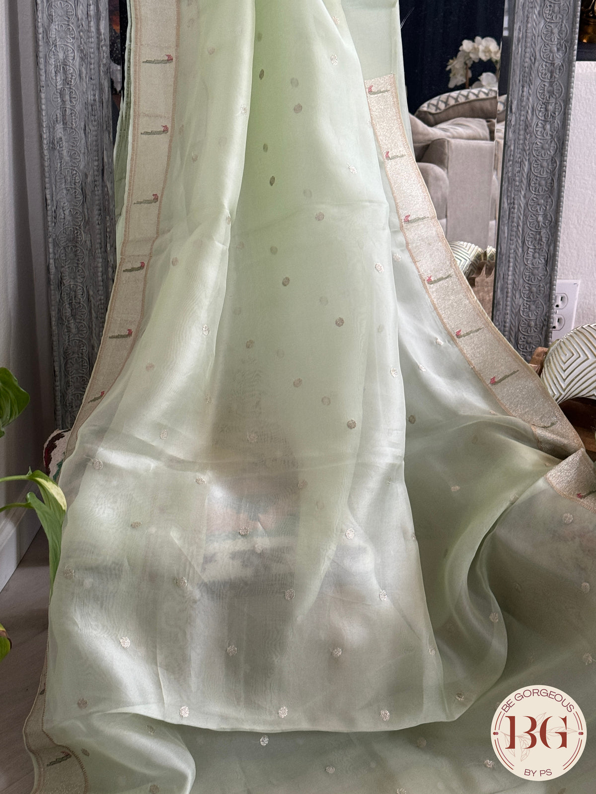 Paithani on Organza Silk with silver zari - pastel green