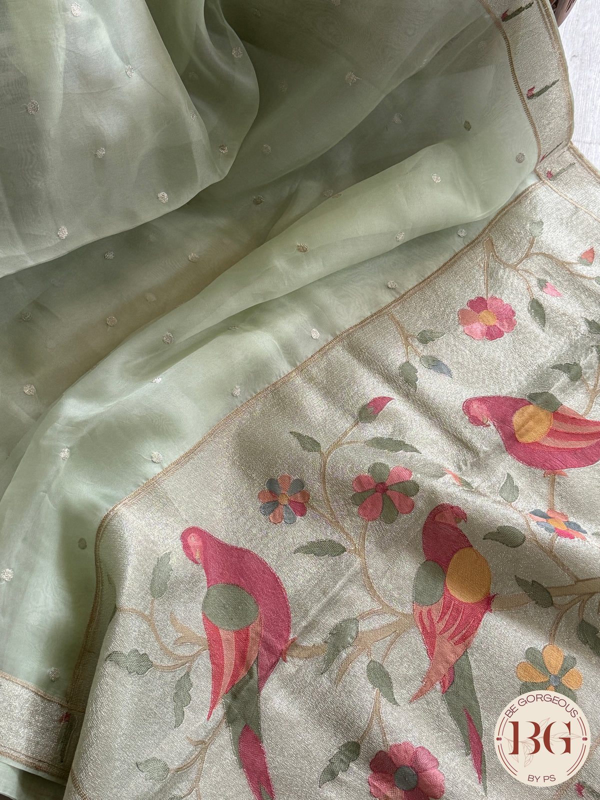 Paithani on Organza Silk with silver zari - pastel green