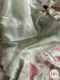 Paithani on Organza Silk with silver zari - pastel green