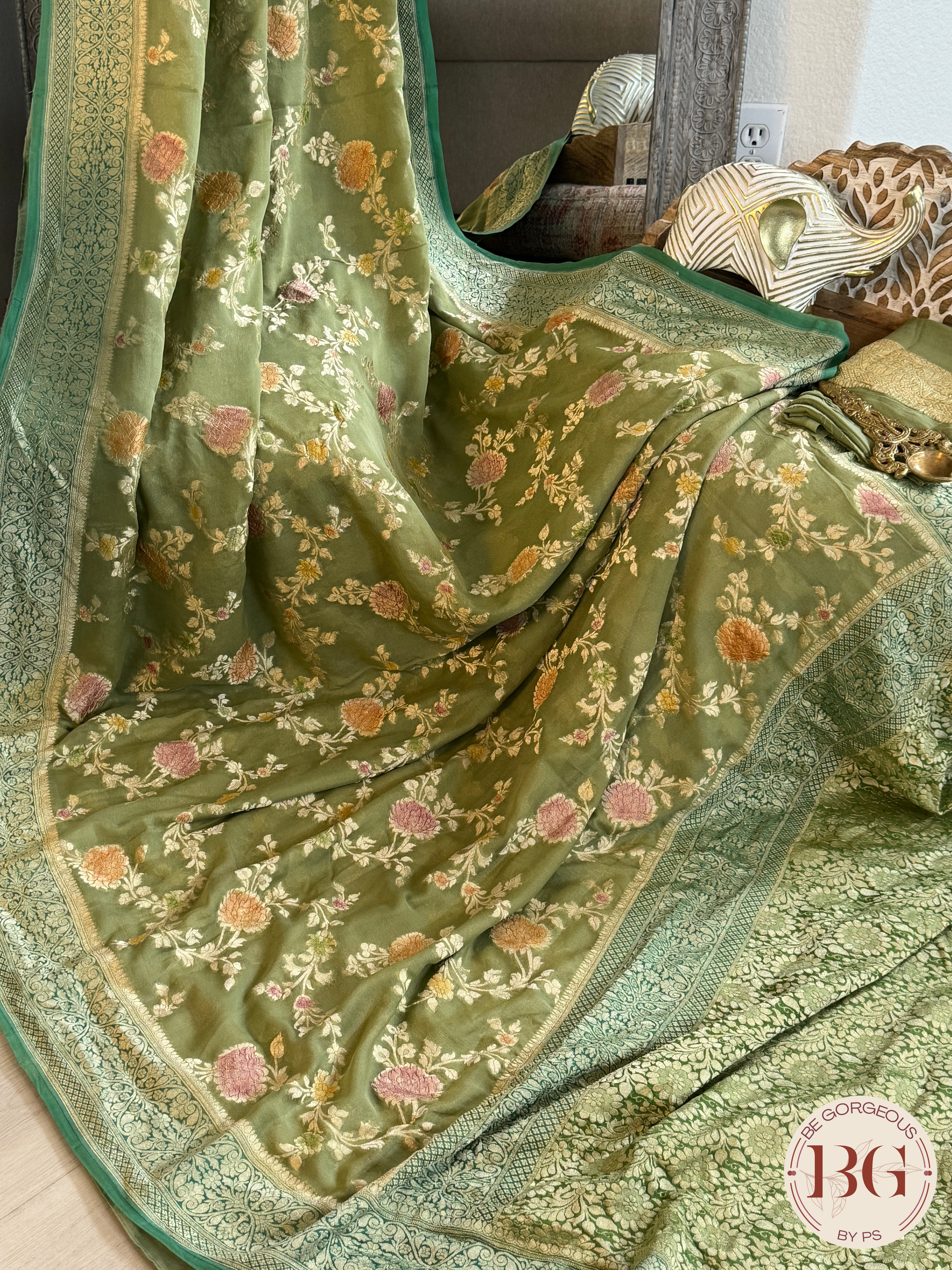 Banarasi Khaddi georgette with all over hand brush - green