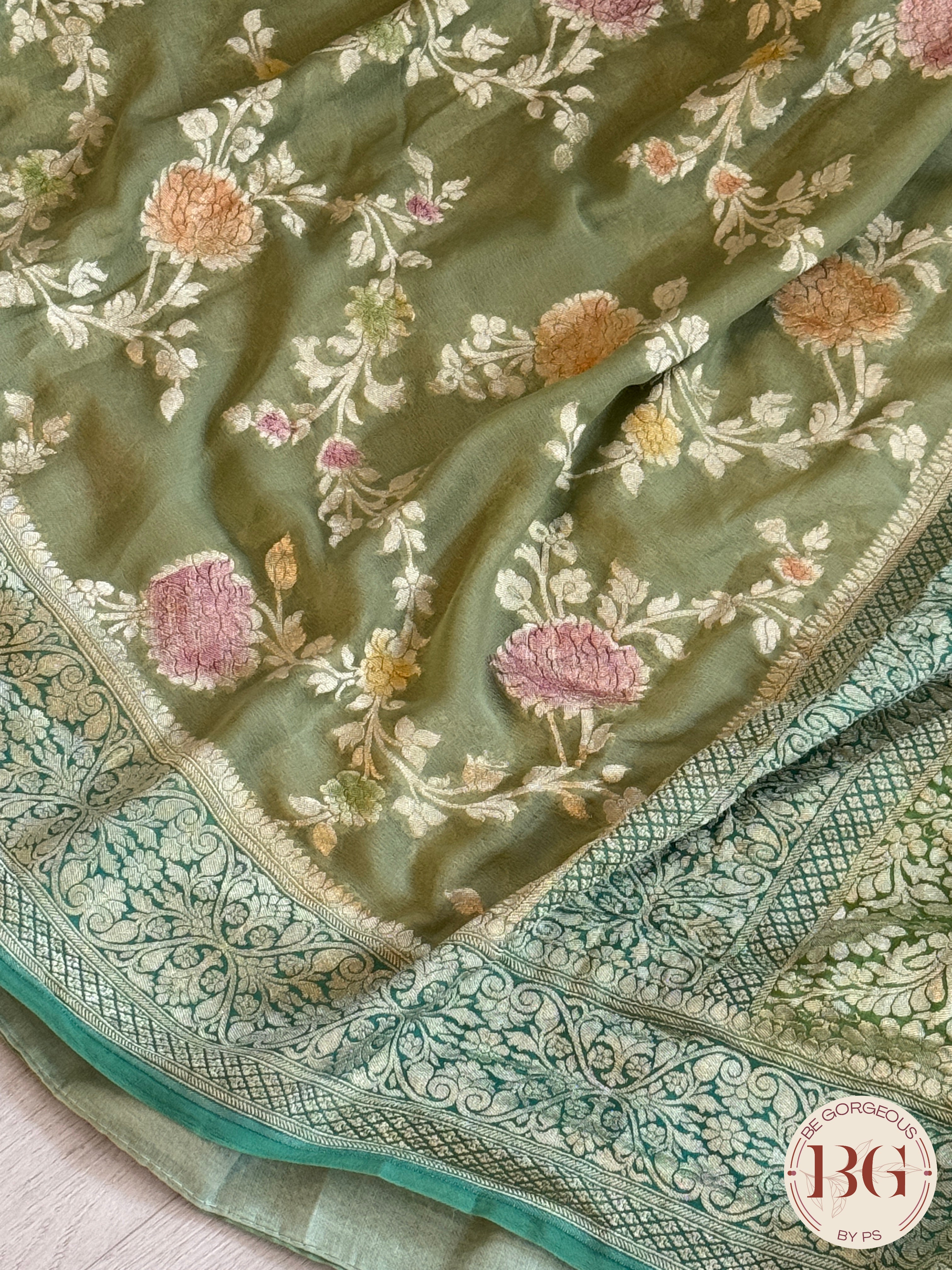 Banarasi Khaddi georgette with all over hand brush - green