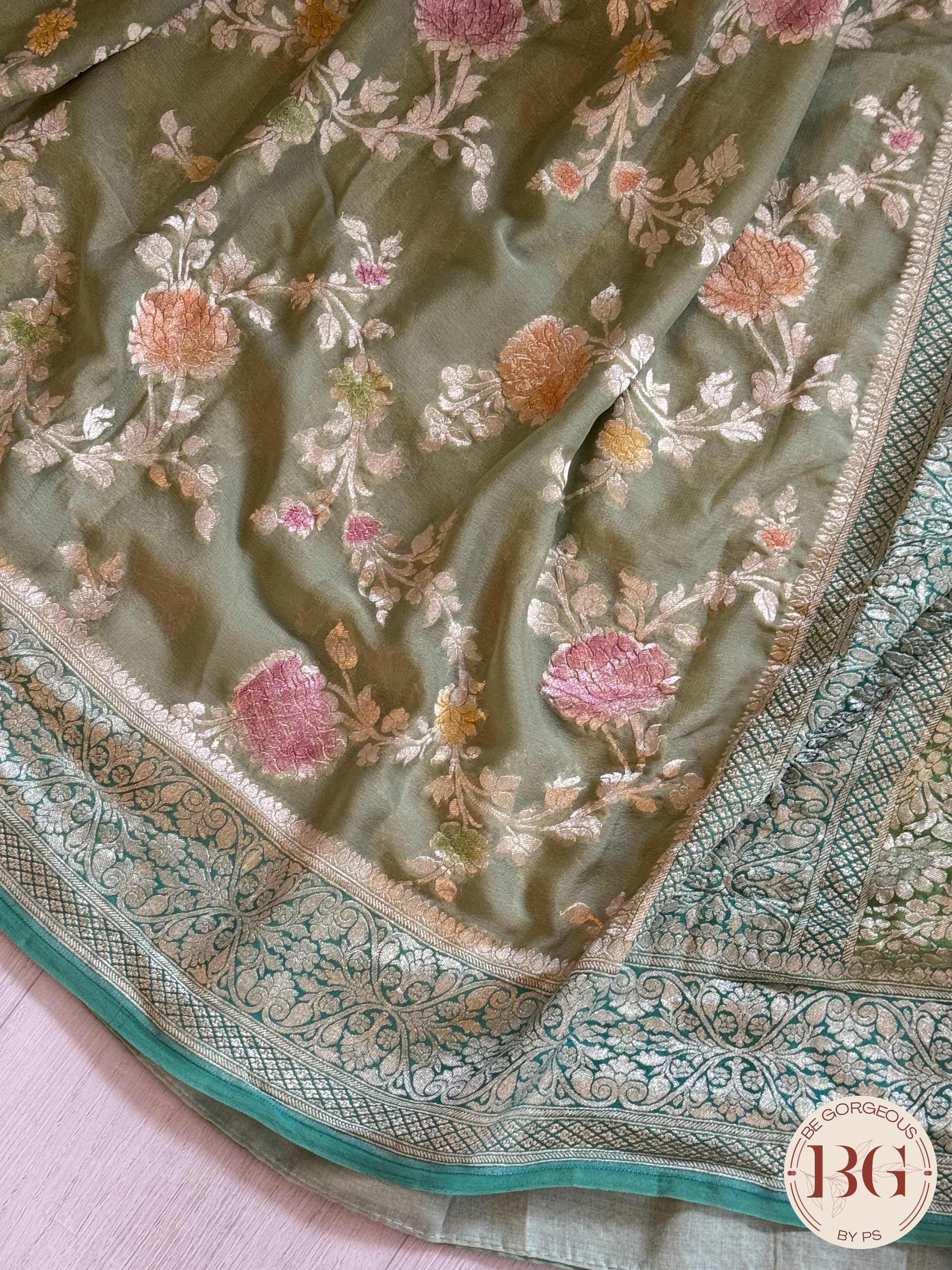 Banarasi Khaddi georgette with all over hand brush - green