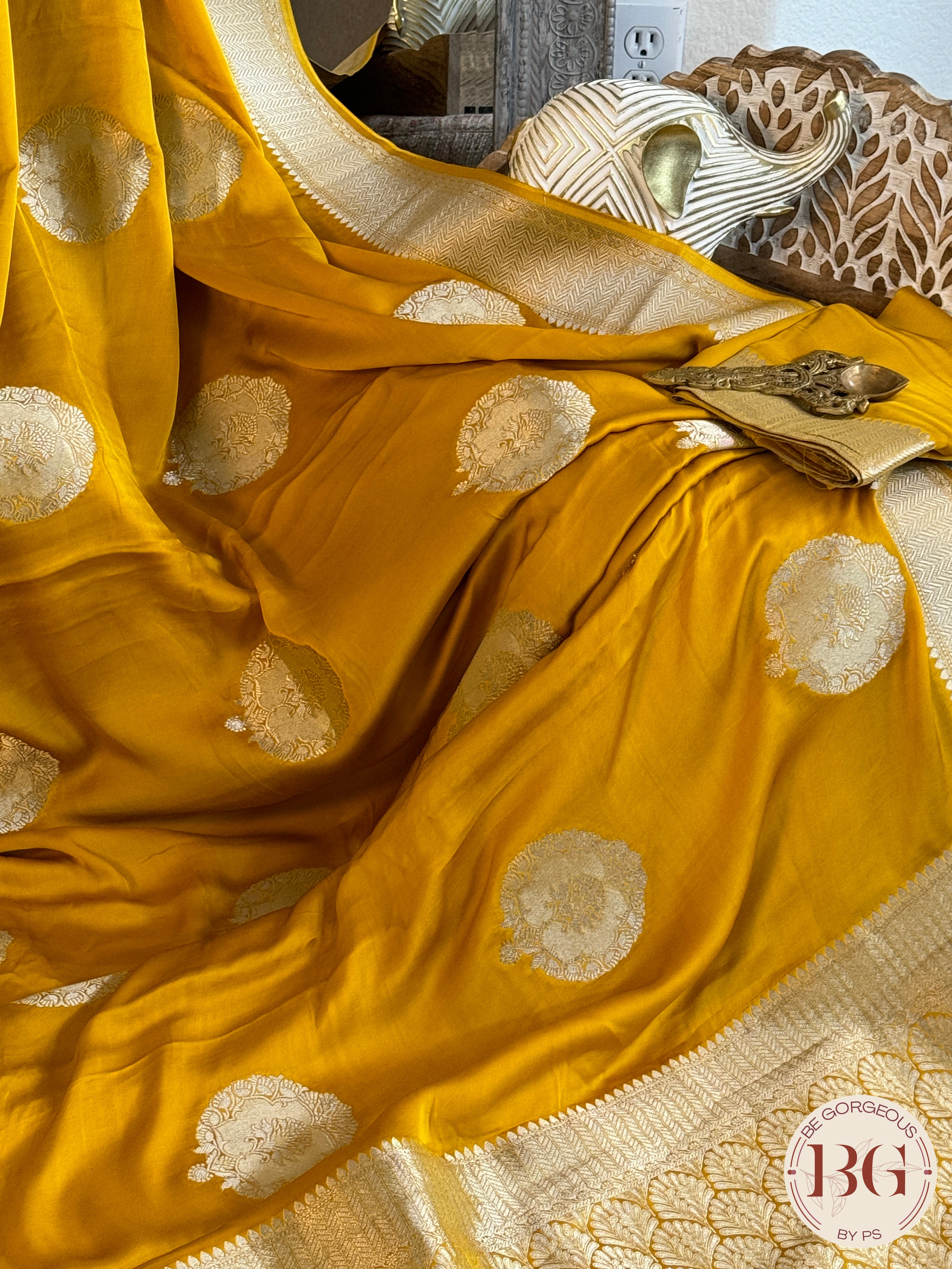 Satin saree with weaving - yellow