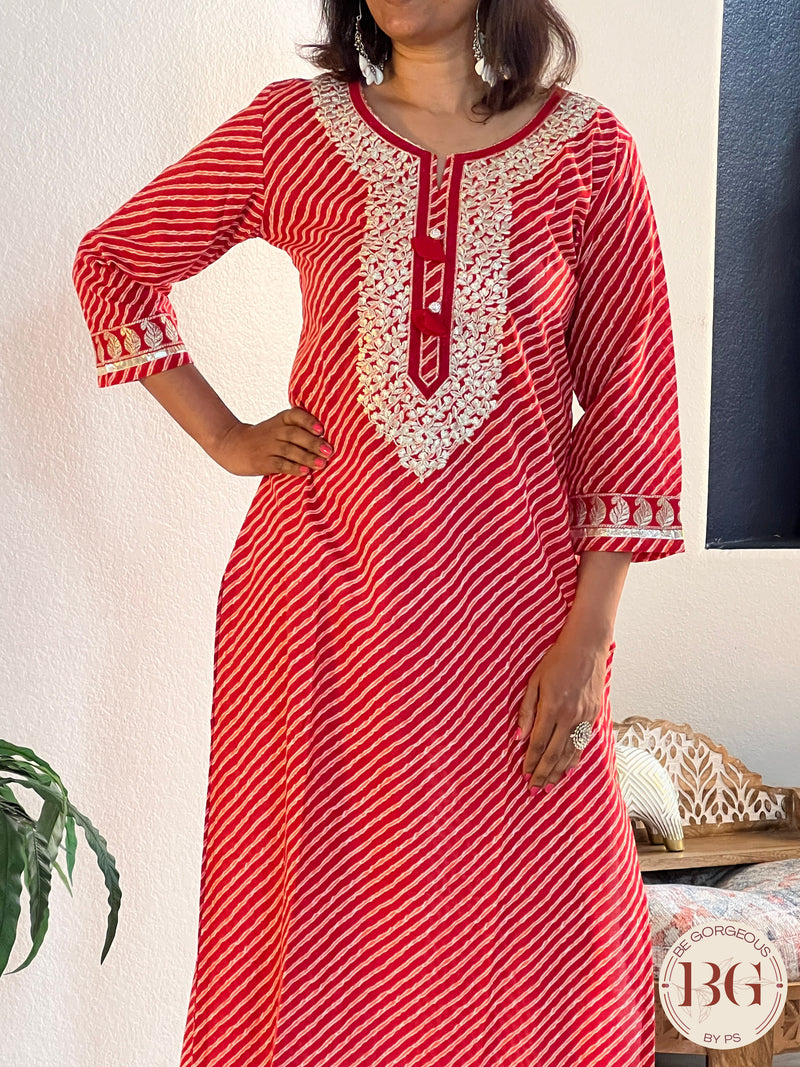 Cotton kurti in gorgeous leheriya print with gota work