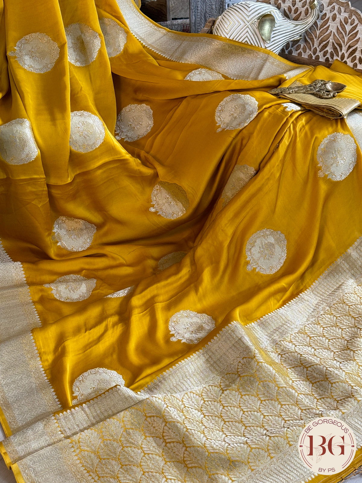 Satin saree with weaving - yellow