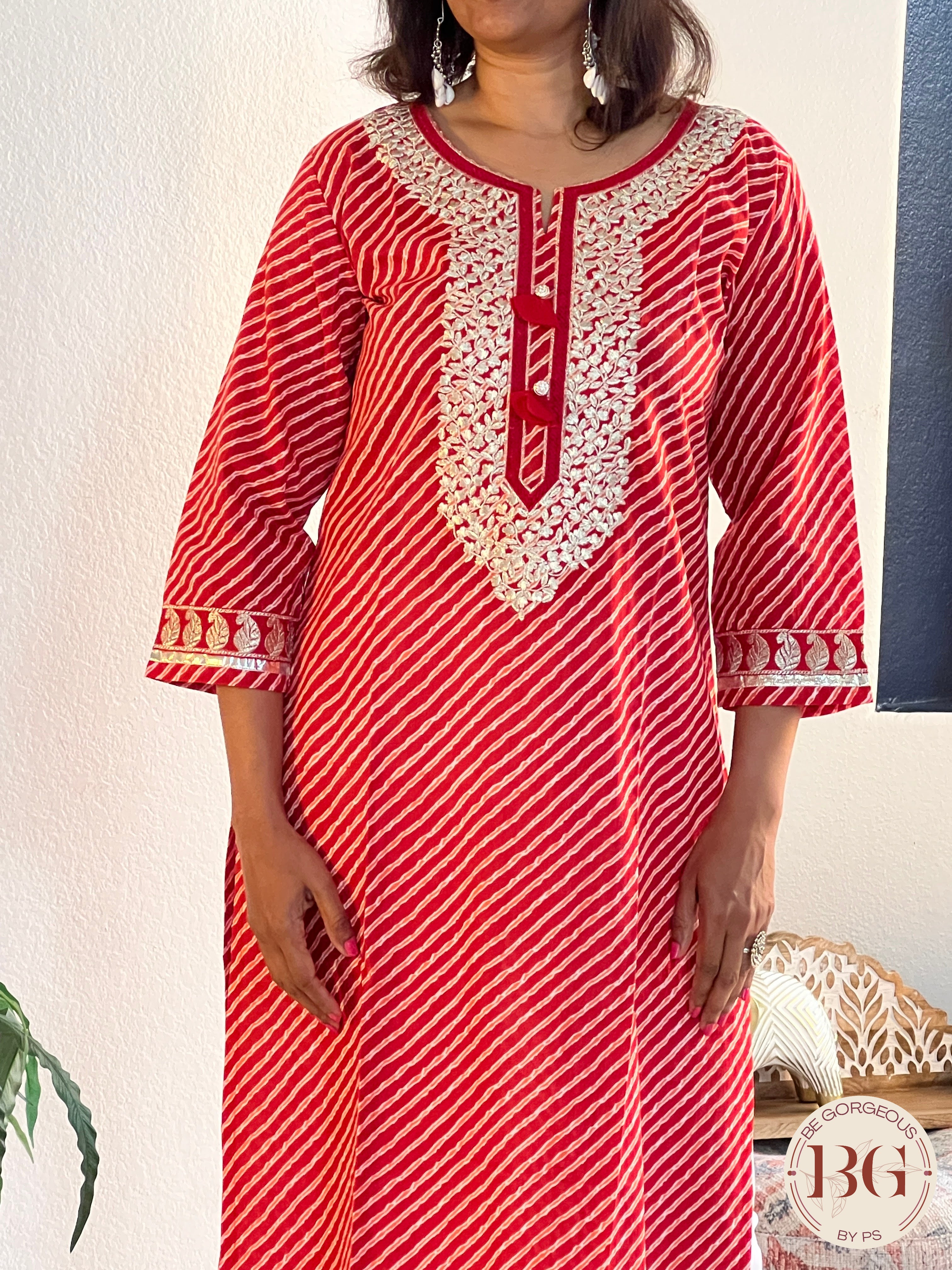 Cotton kurti in gorgeous leheriya print with gota work