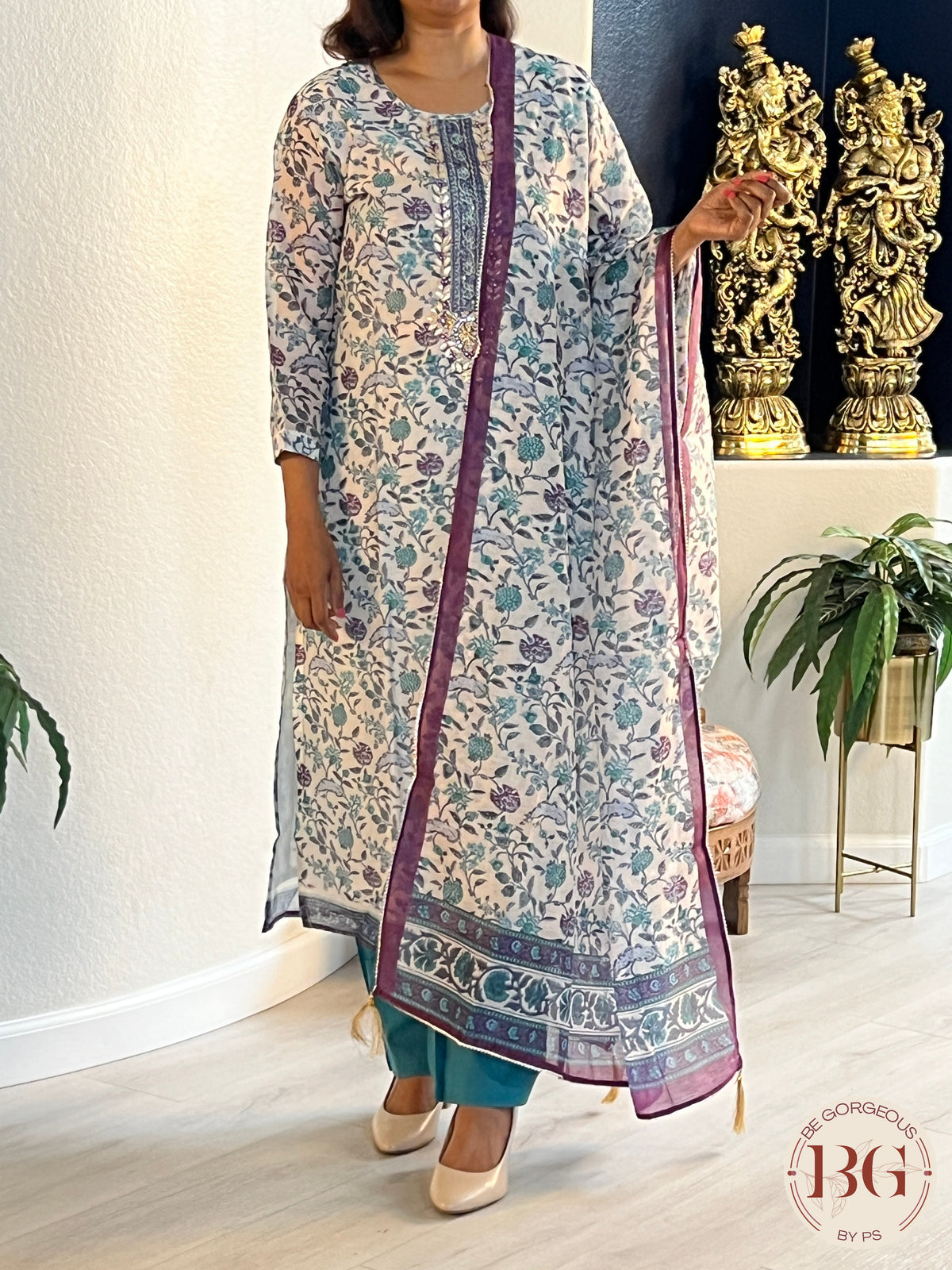 3-piece suit set with matching full size dupatta in teal color