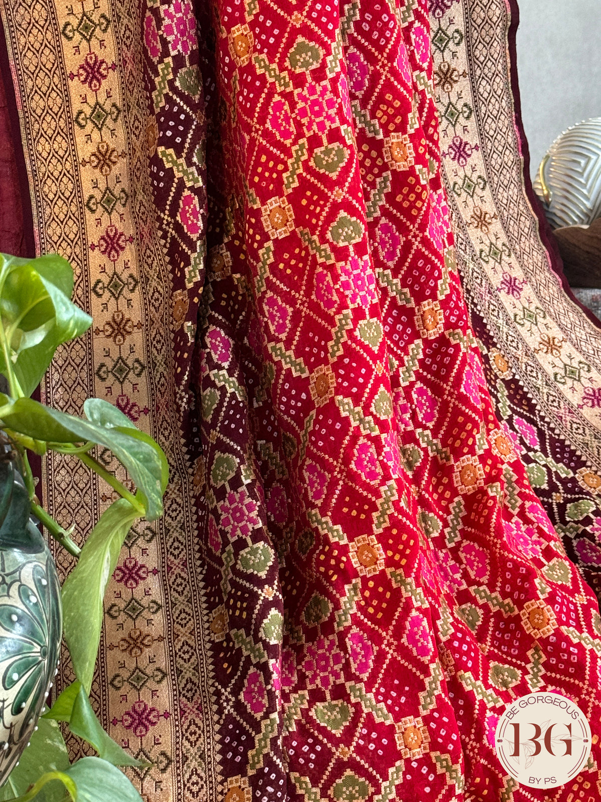 Banarasi Georgette saree with bandhani and meenakari work - black red