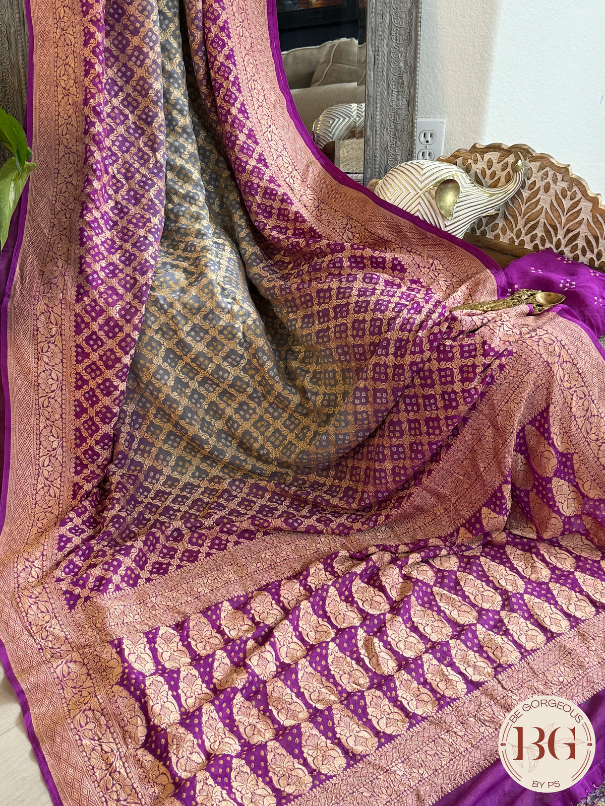 Banarasi Georgette saree with bandhani work - green purple