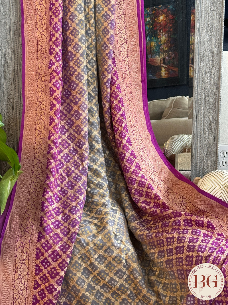 Banarasi Georgette saree with bandhani work - green purple