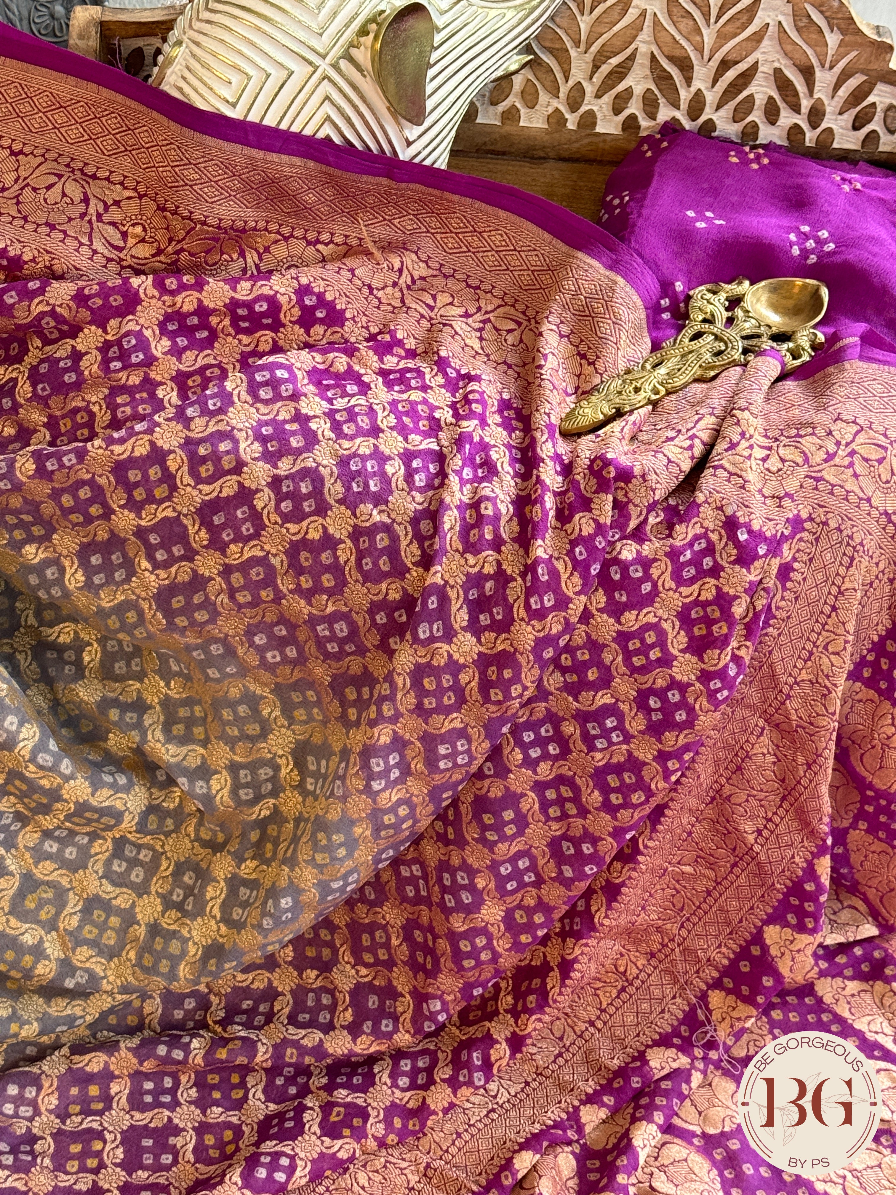 Banarasi Georgette saree with bandhani work - green purple