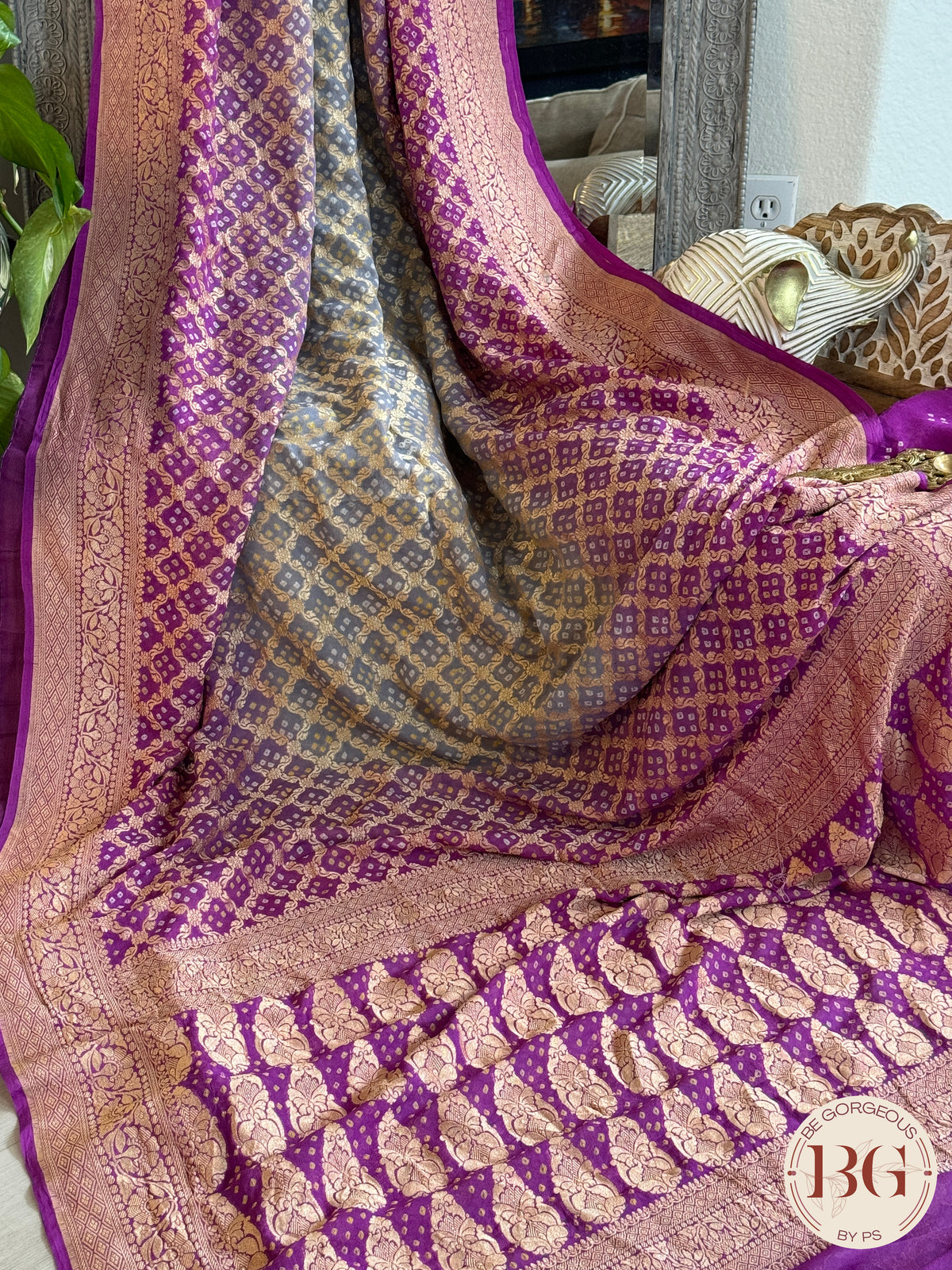 Banarasi Georgette saree with bandhani work - green purple