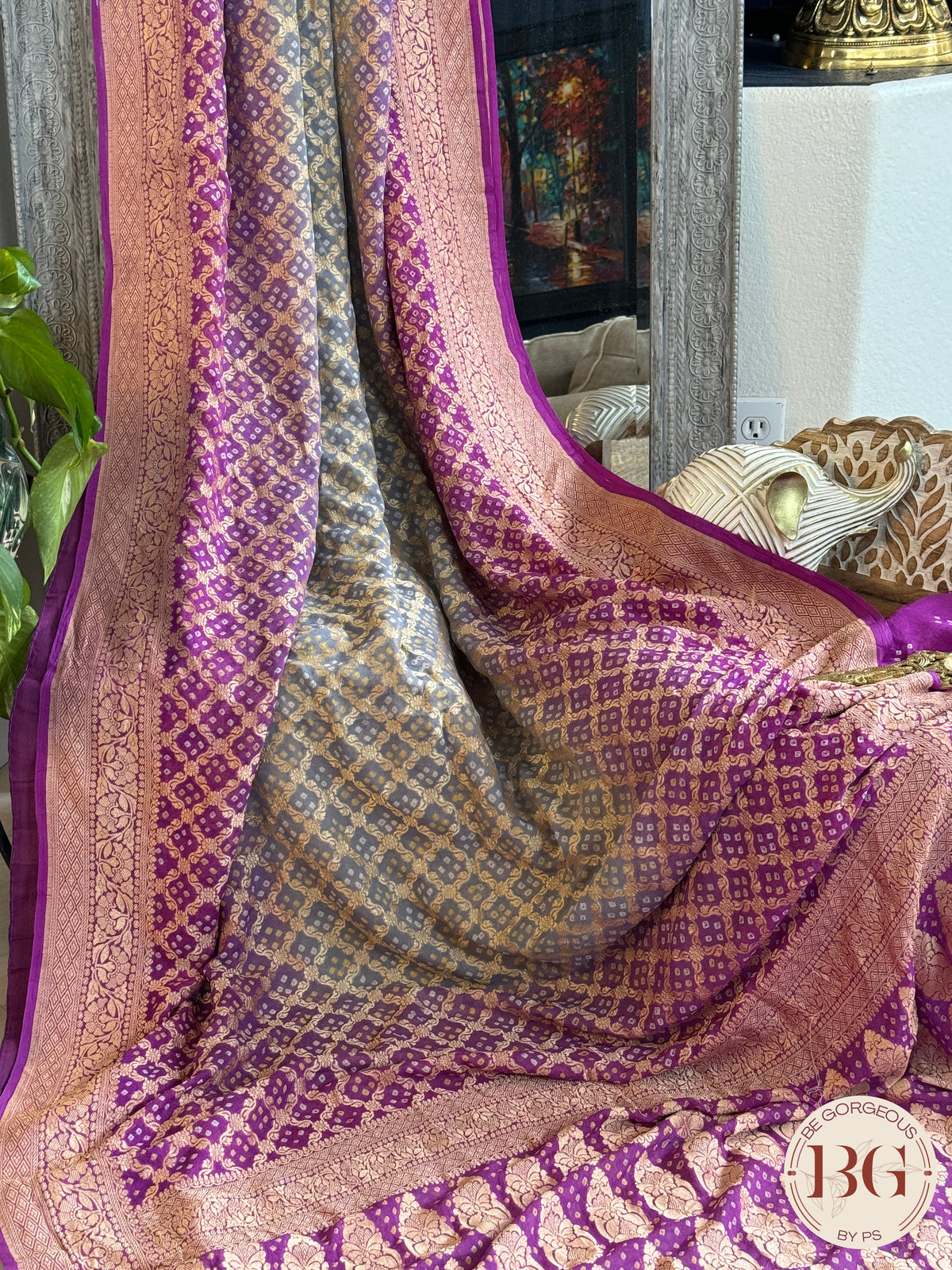 Banarasi Georgette saree with bandhani work - green purple