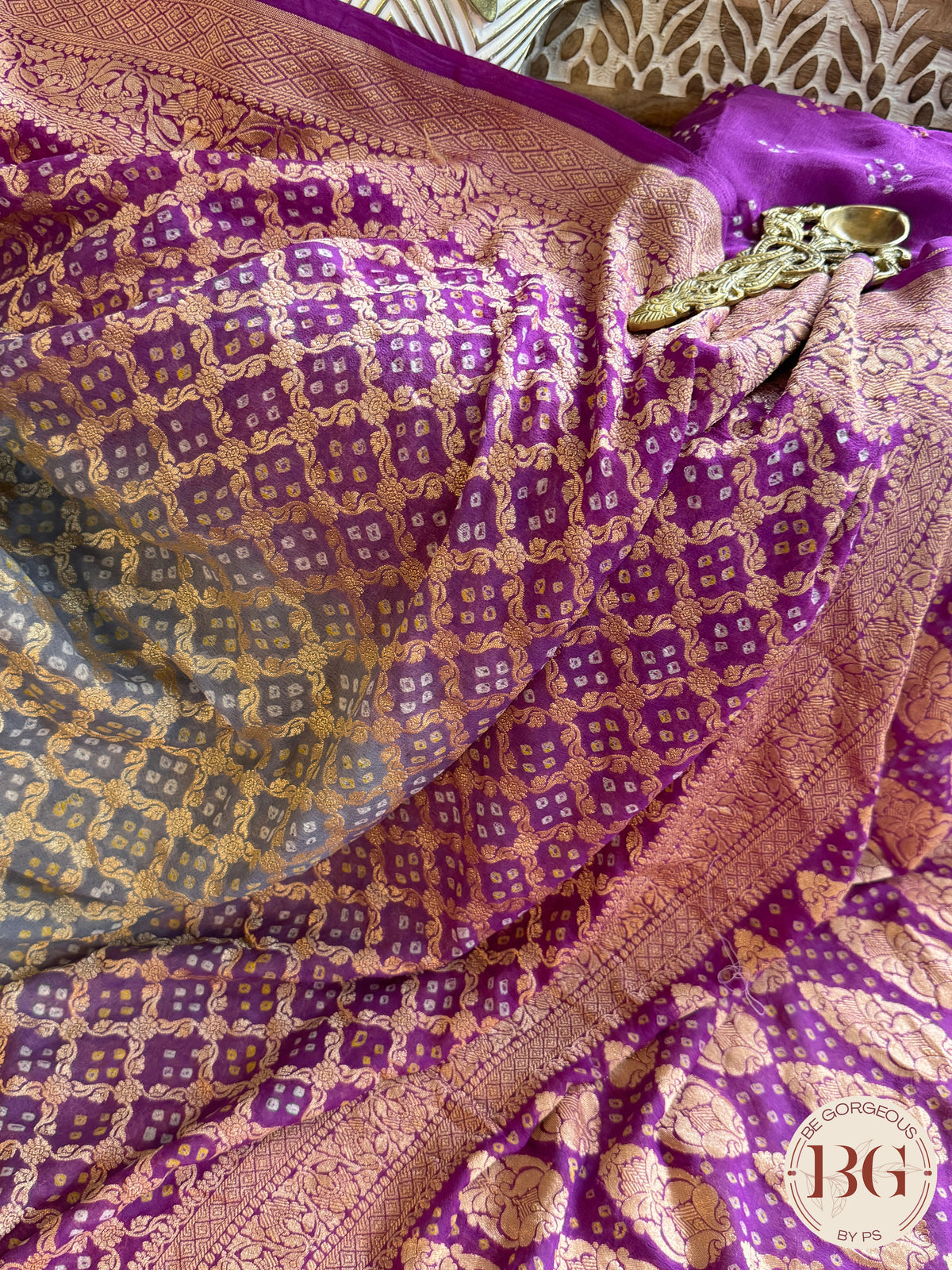 Banarasi Georgette saree with bandhani work - green purple