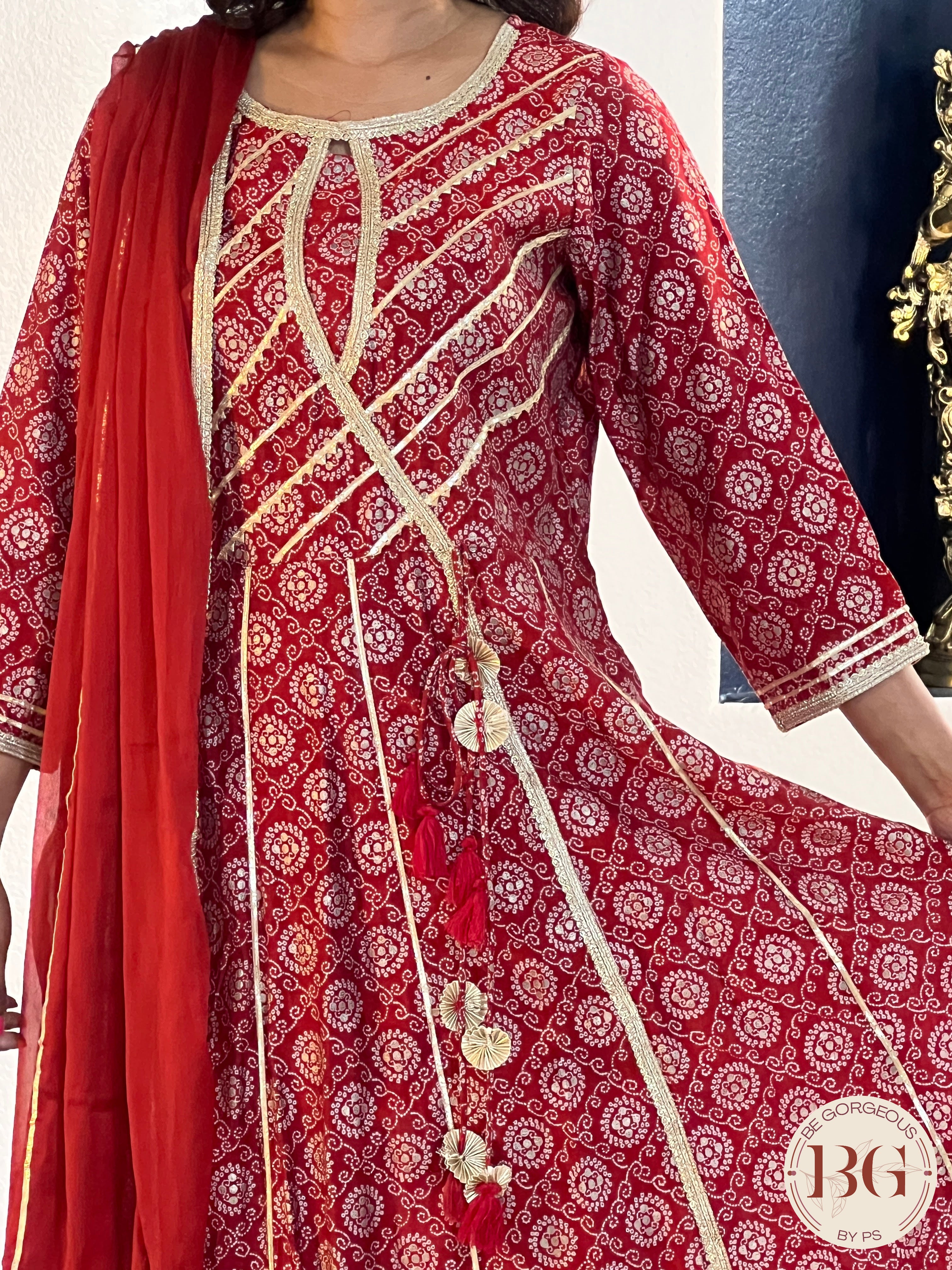 Anarkali suit set with dupatta in gorgeous red color with gota work all over