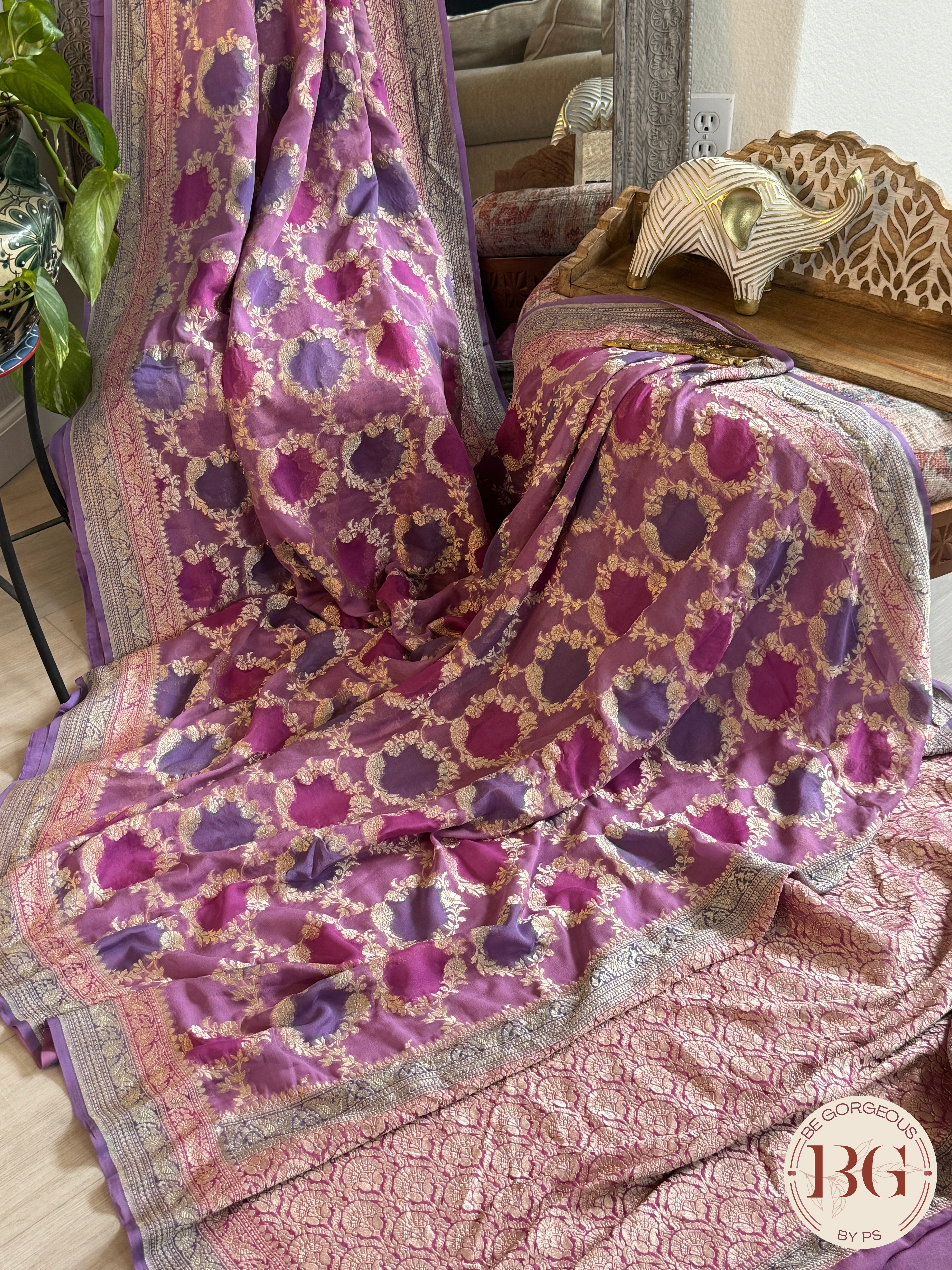 Banarasi Khaddi georgette with all over hand brush - purple big buttas