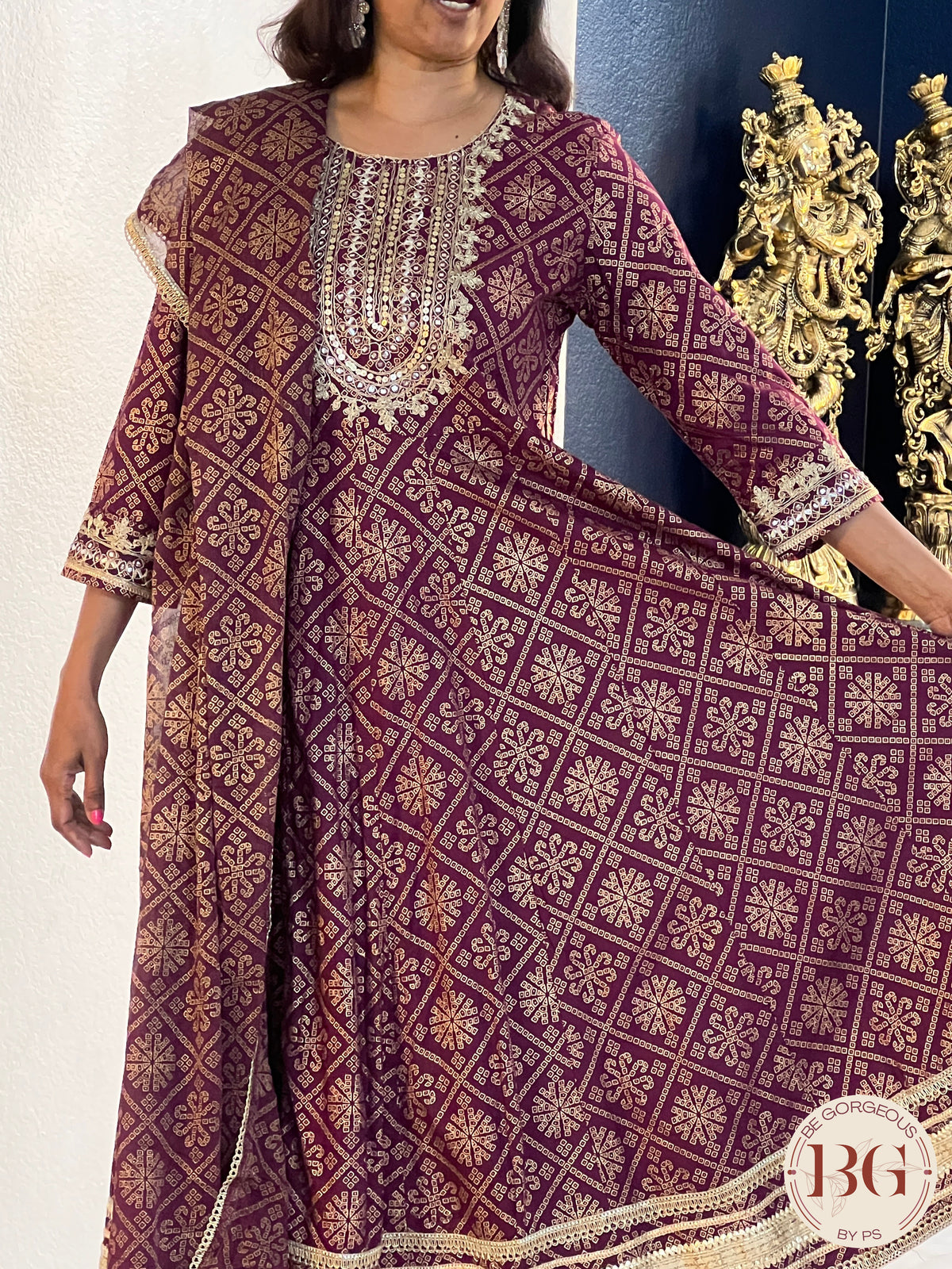 Muslin silk Anarkali set with gota and zardozi work, full size dupatta in gorgeous wine color