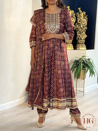 Muslin silk Anarkali set with gota and zardozi work, full size dupatta in gorgeous wine color