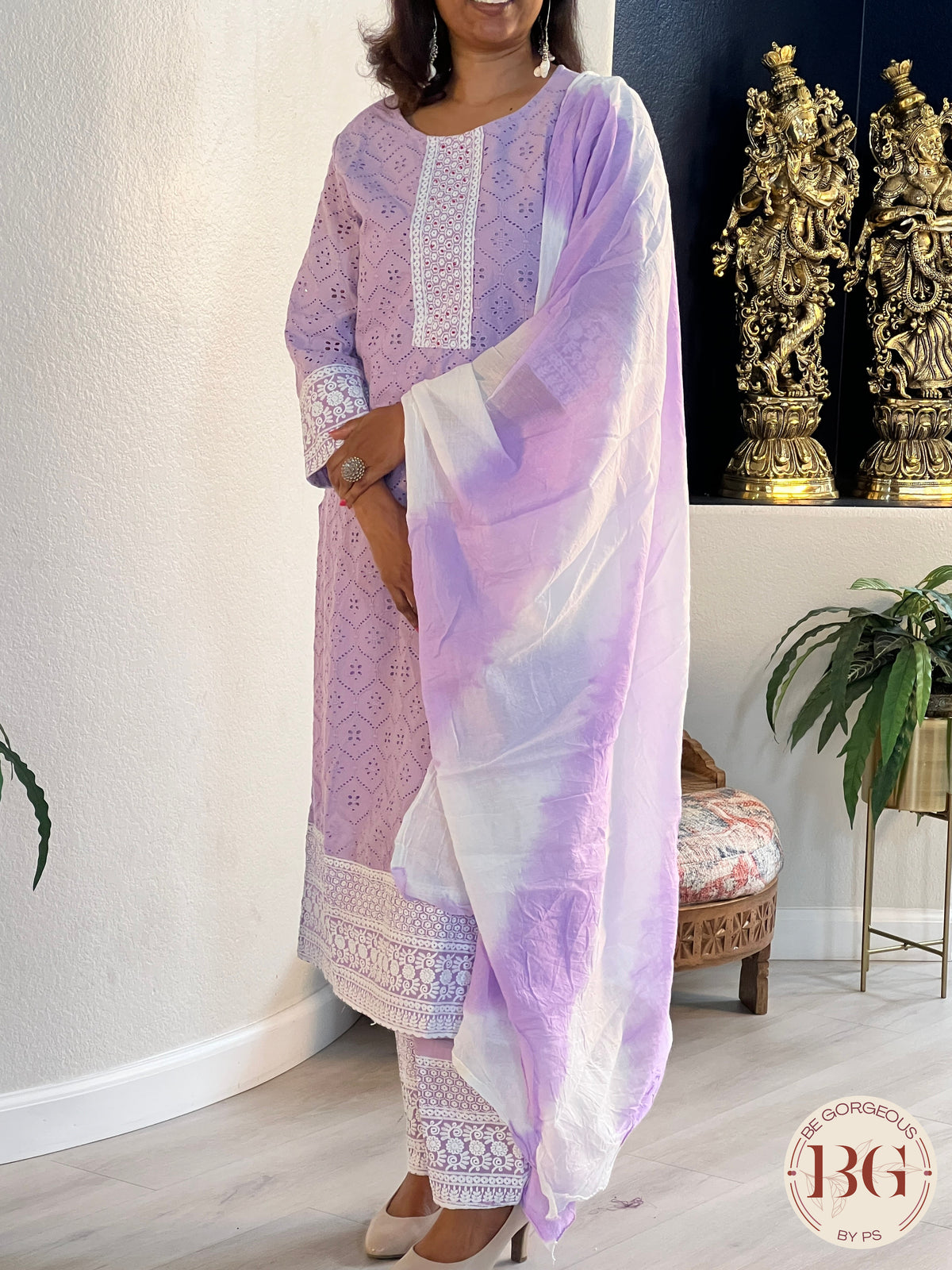3-piece cotton suit set with full size dupatta in gorgeous purple color with white thread work