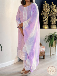 3-piece cotton suit set with full size dupatta in gorgeous purple color with white thread work