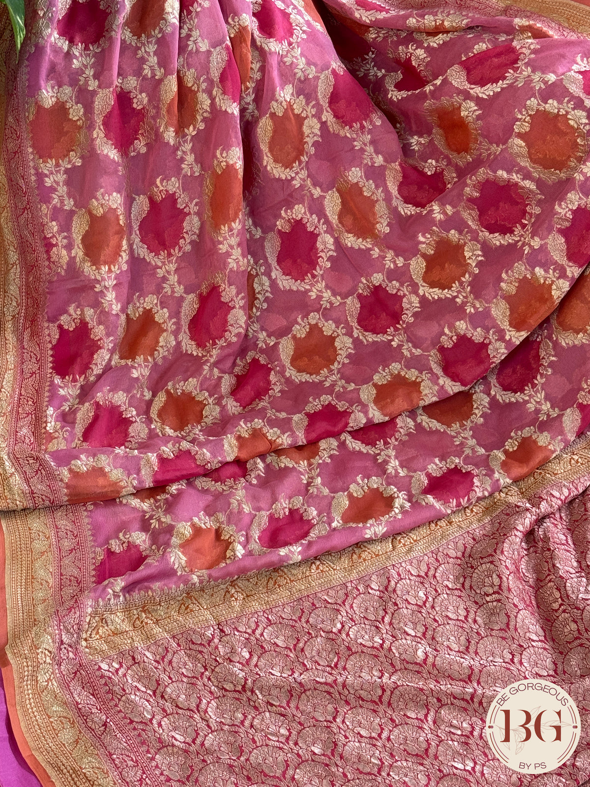 Banarasi Khaddi georgette with all over hand brush - Pink big buttas