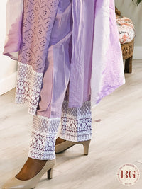 3-piece cotton suit set with full size dupatta in gorgeous purple color with white thread work