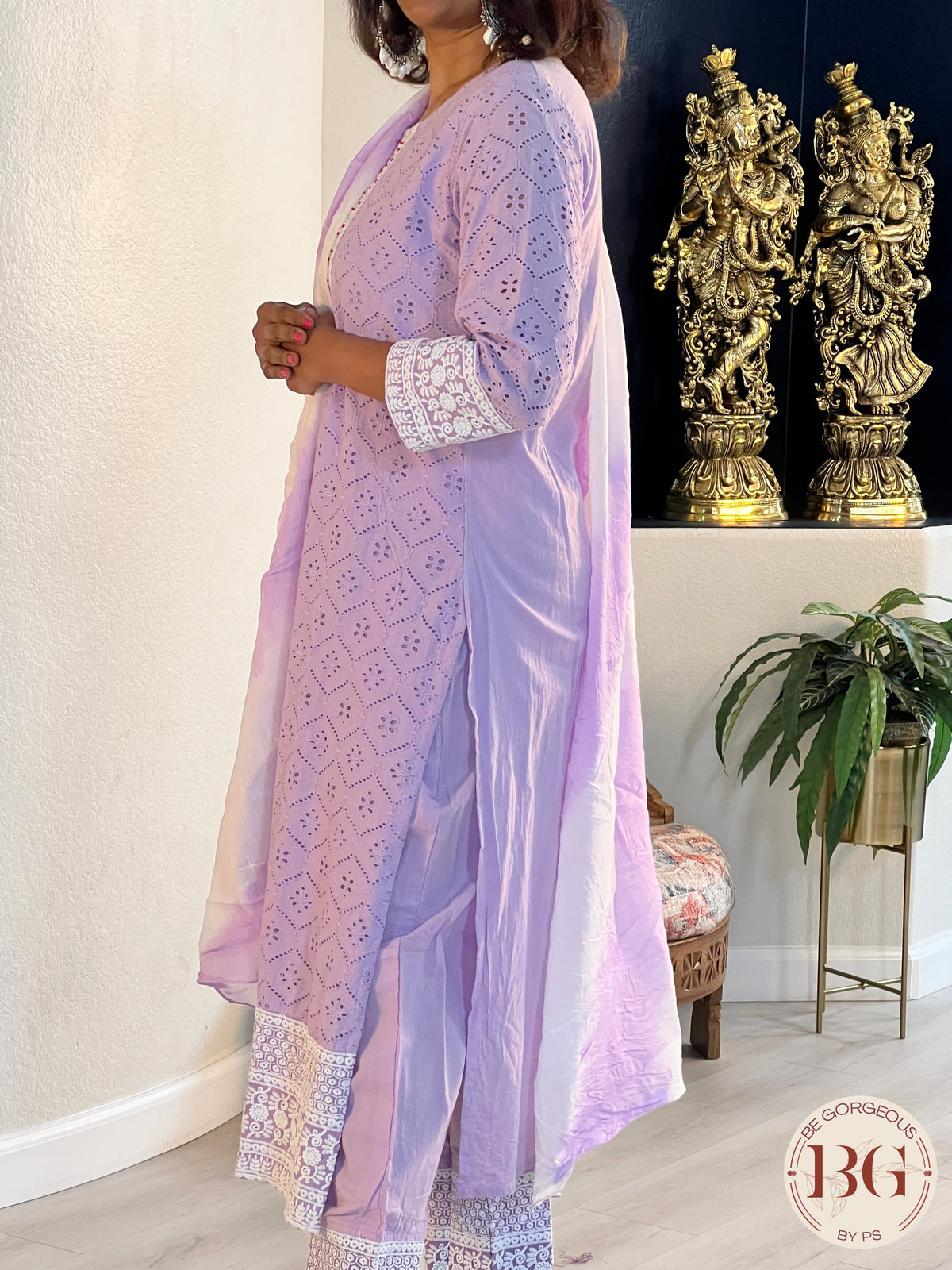 3-piece cotton suit set with full size dupatta in gorgeous purple color with white thread work