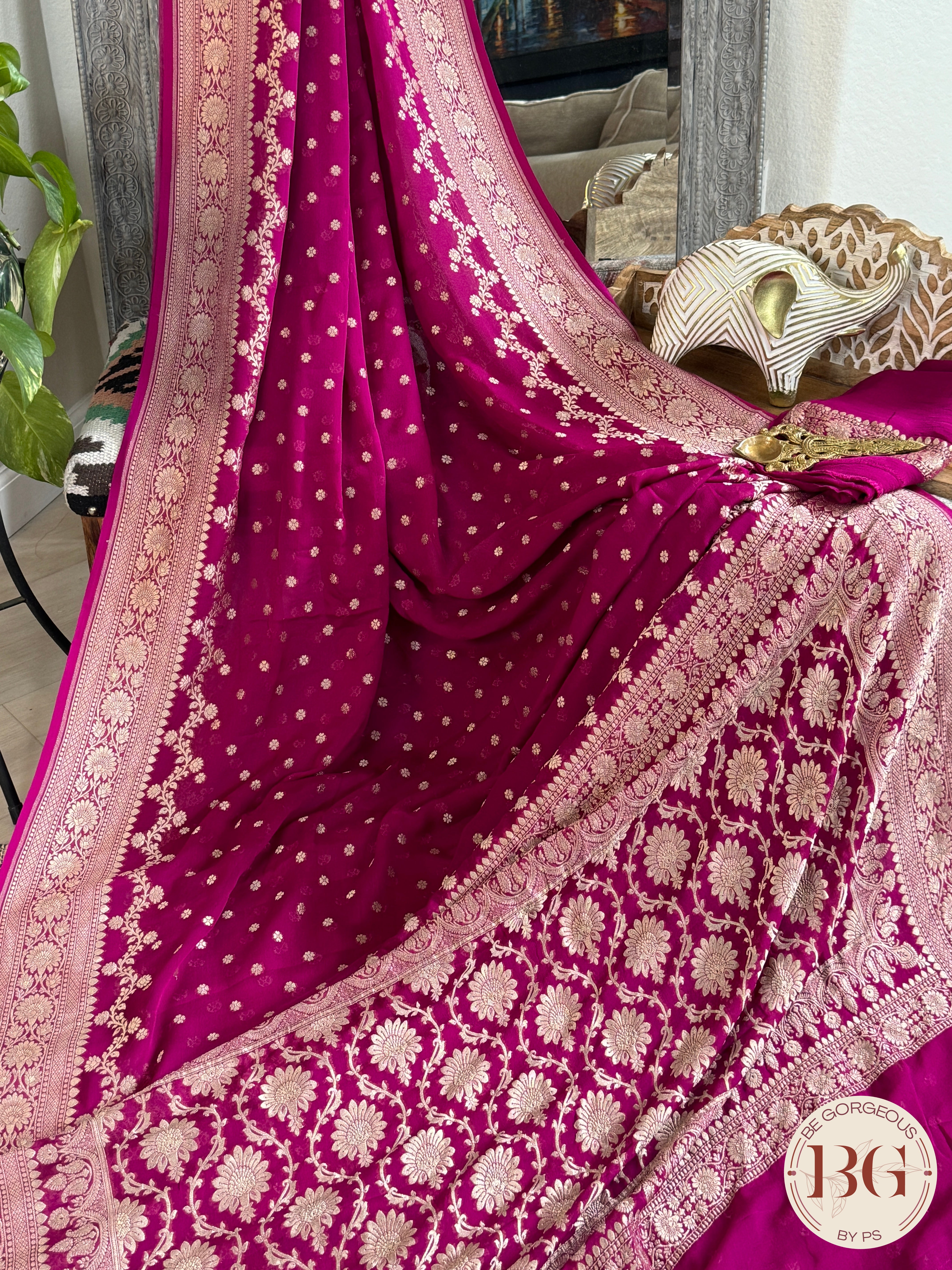 Banarasi Khaddi georgette saree - Rani Pink