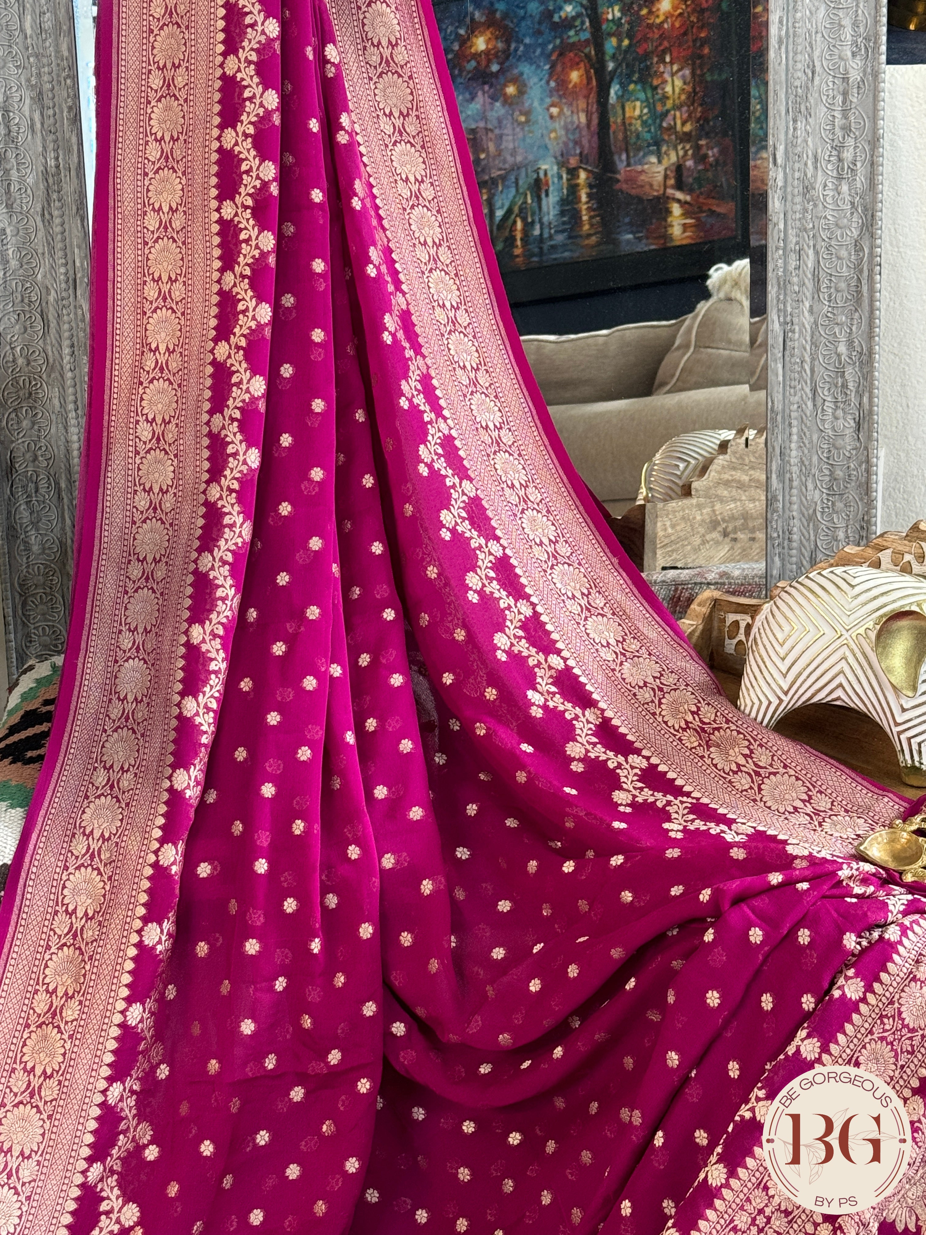 Banarasi Khaddi georgette saree - Rani Pink